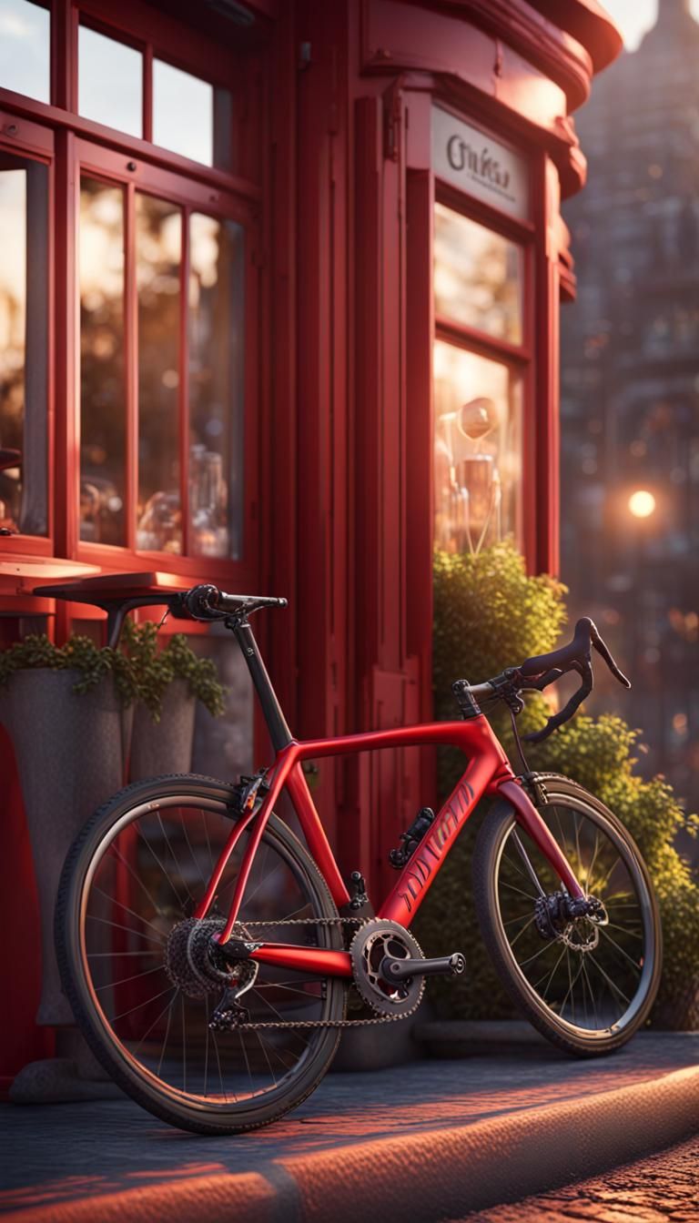 Red Road Bike at Cafe: Detailed Digital Painting