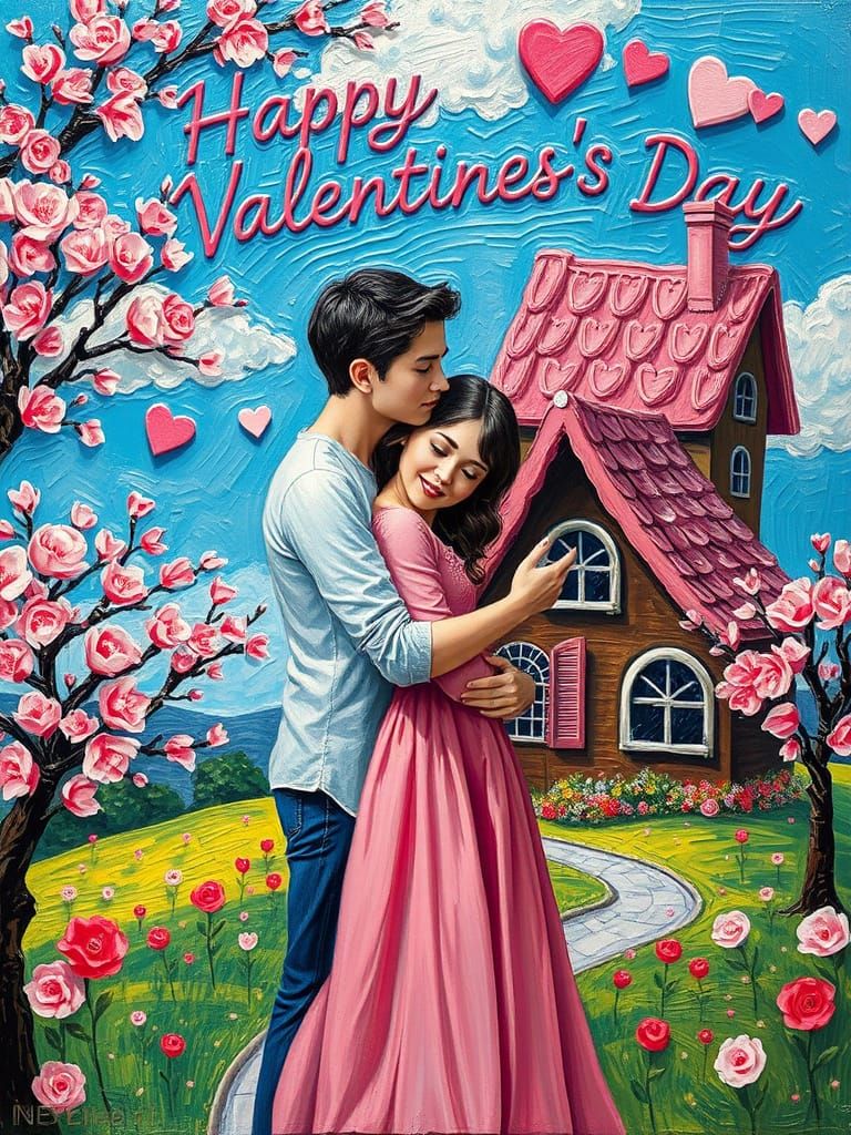 Romantic Whimsical Valentine's Day Scene in Neo-Expressionis...