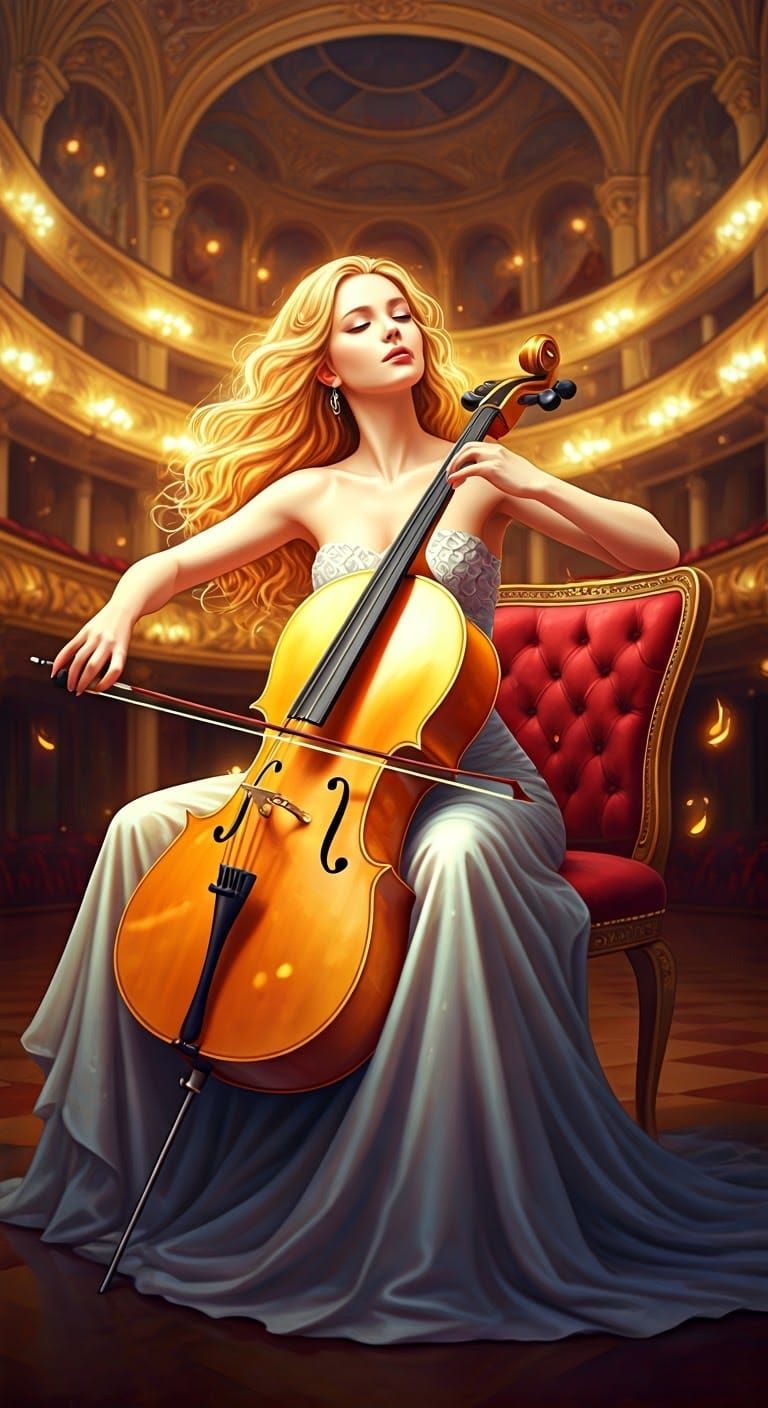 Woman Playing Cello in Art Nouveau Style