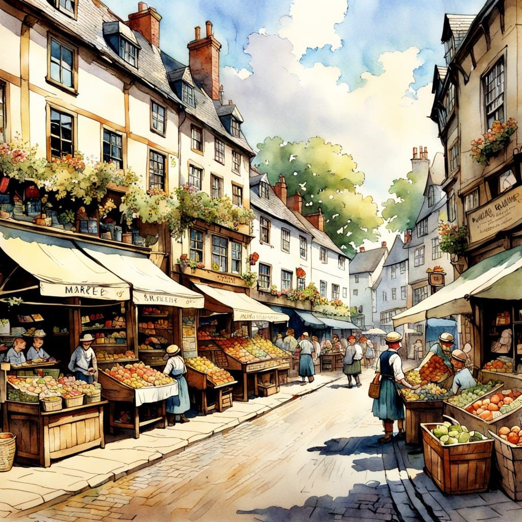 Vintage Watercolour Market Square Illustration