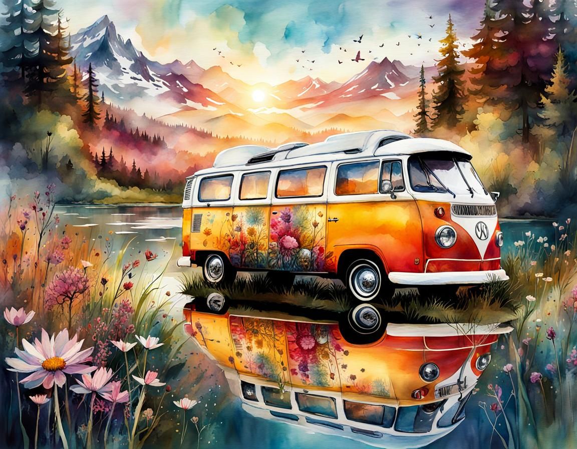 Fantasy Campervan in Watercolor Landscape, Reflected Urbansc...