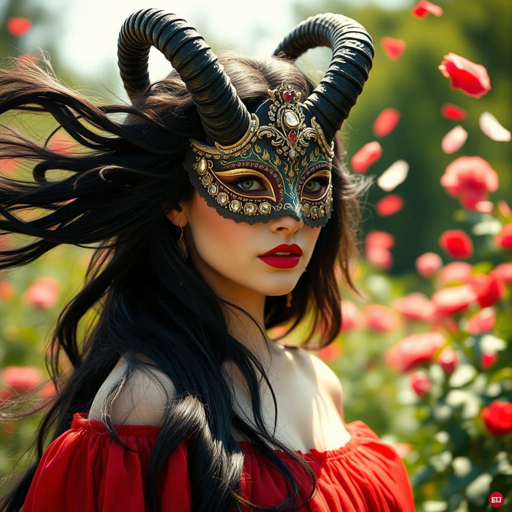 Ethereal Goddess in Masquerade, Adorned by Rose Petals and C...