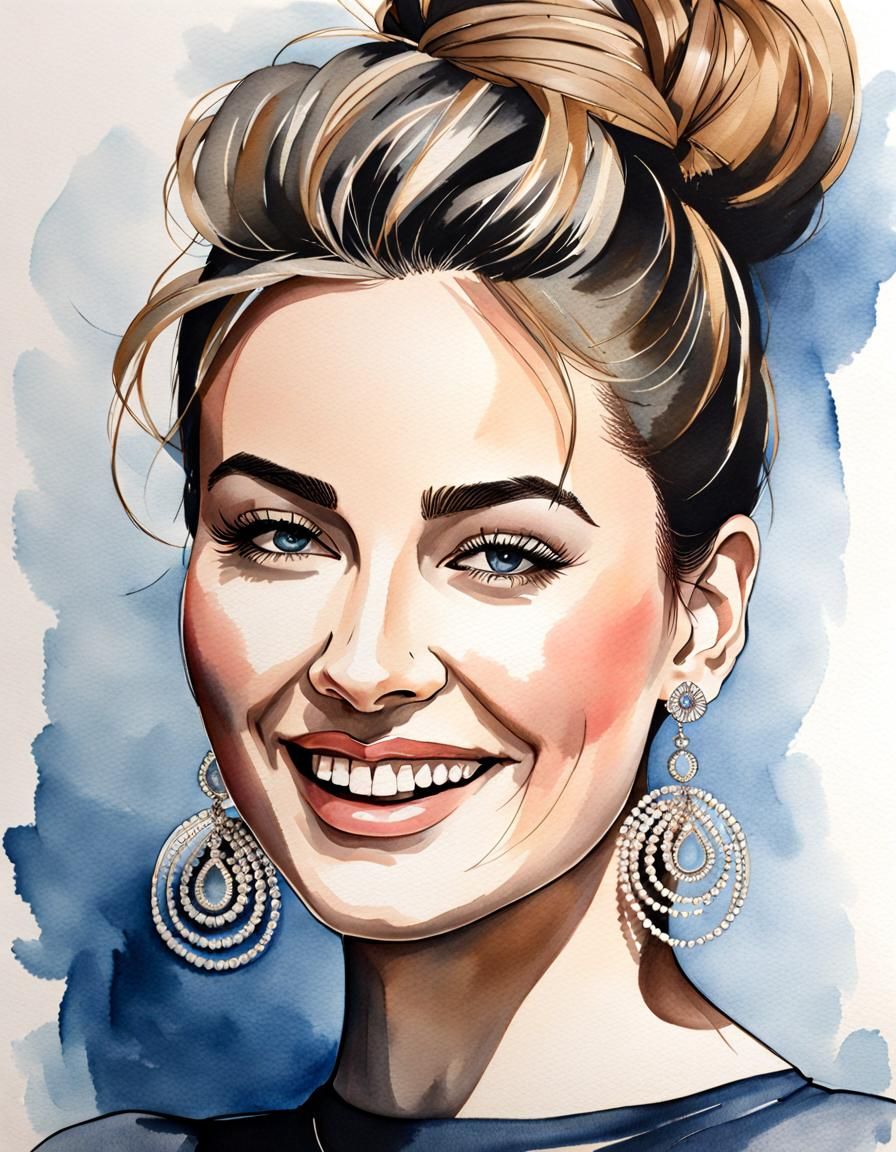 Elegant Brunette with Messy Bun in Watercolor Style