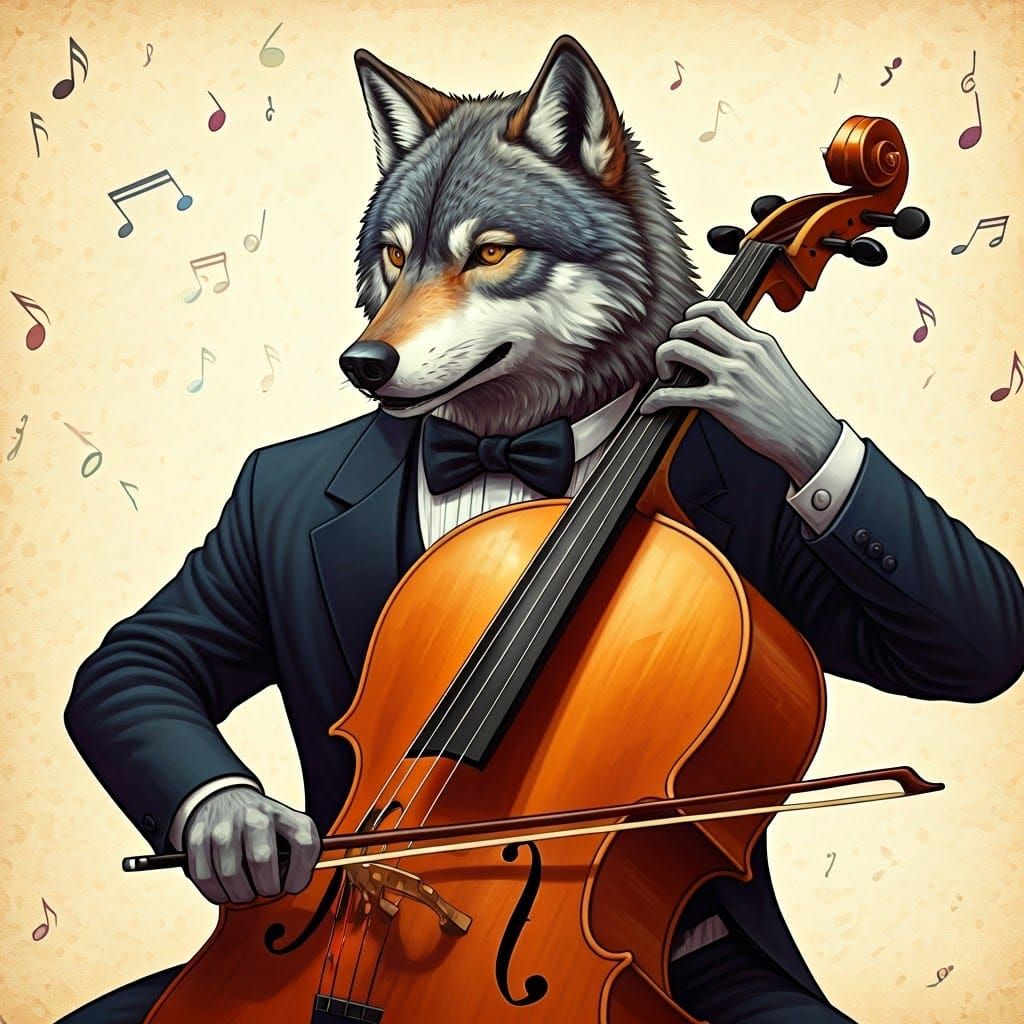 a wolf with a woodpecker head, playing the cello