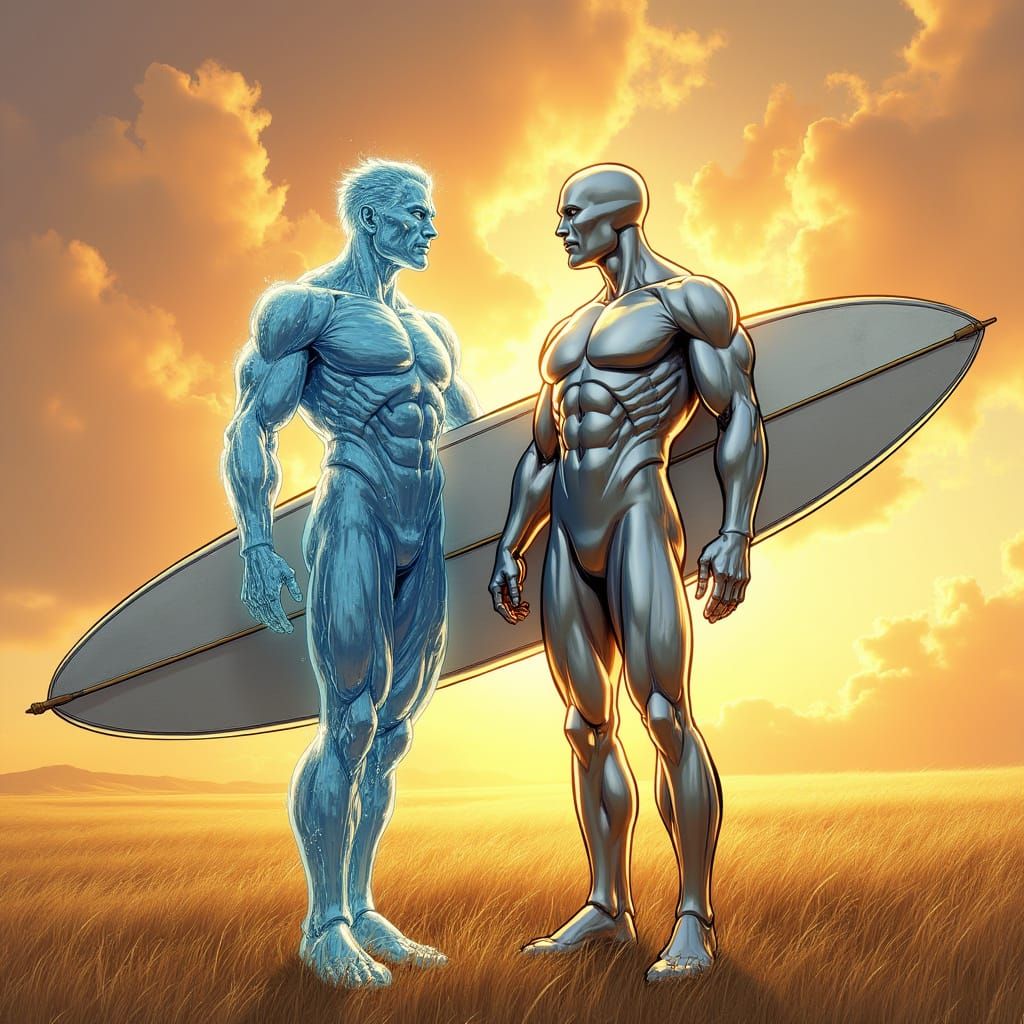 Silver Surfer and Iceman in Golden Field at Sunset