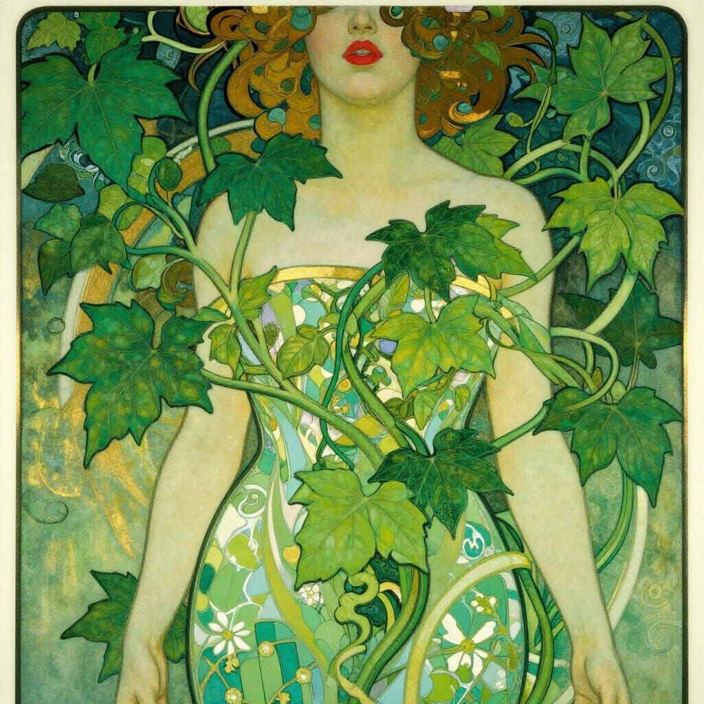 Art Stylized Portrait of Woman with Red Lips and Greenery