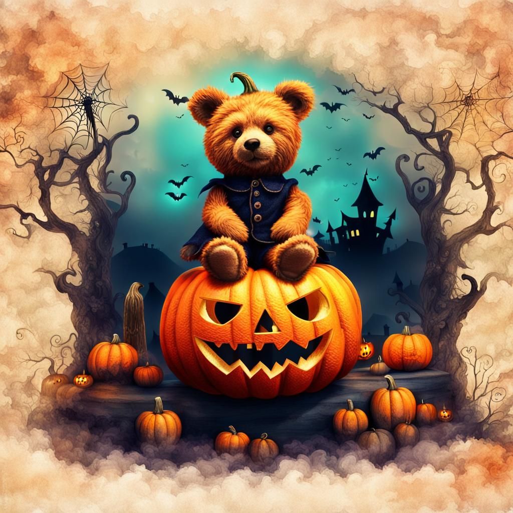 Teddy Bear on Halloween Pumpkin: Whimsical Photoillustration