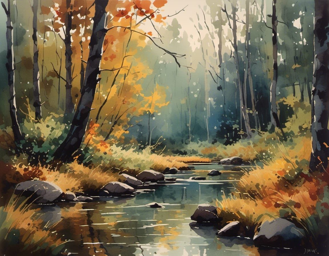 Antique Watercolor Ink Drawing of Birds in Tree