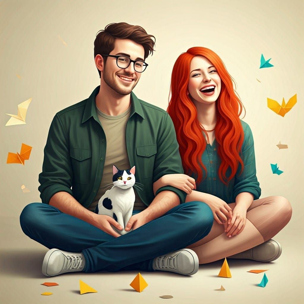 Happy Couple with Origami Cat in Papercraft Style