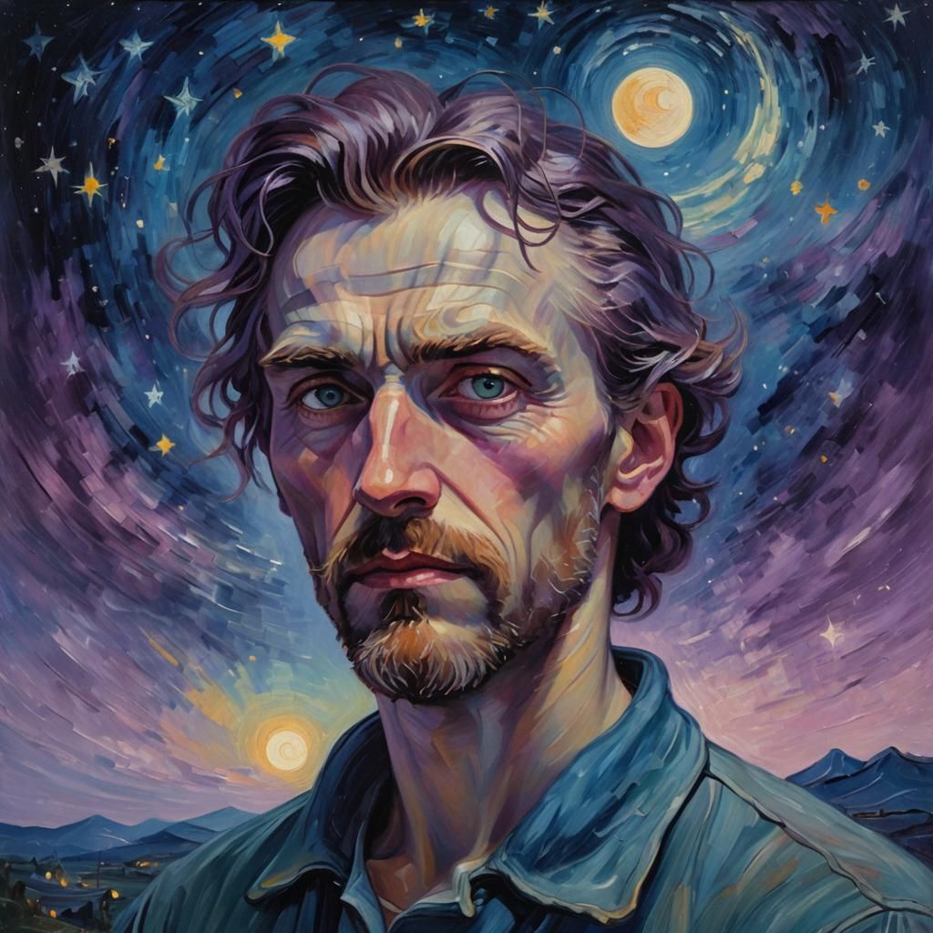 Ethereal Moonlit Portrait with Dishonest Eyes, Van Gogh Styl...
