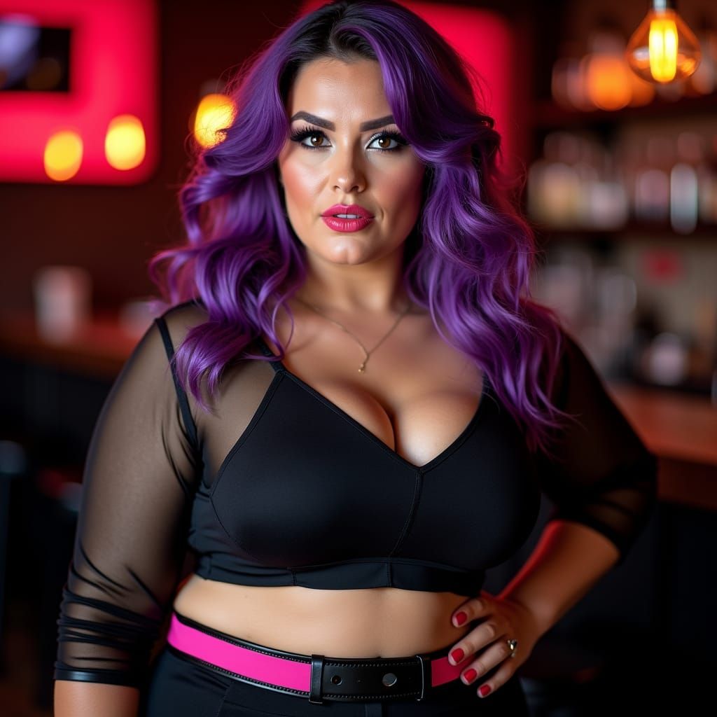 Confident Woman with Purple Hair in Bar Setting