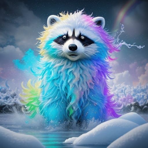 Hyperrealistic Whimsical Snow Raccoon in Rainbow Marshmallow...