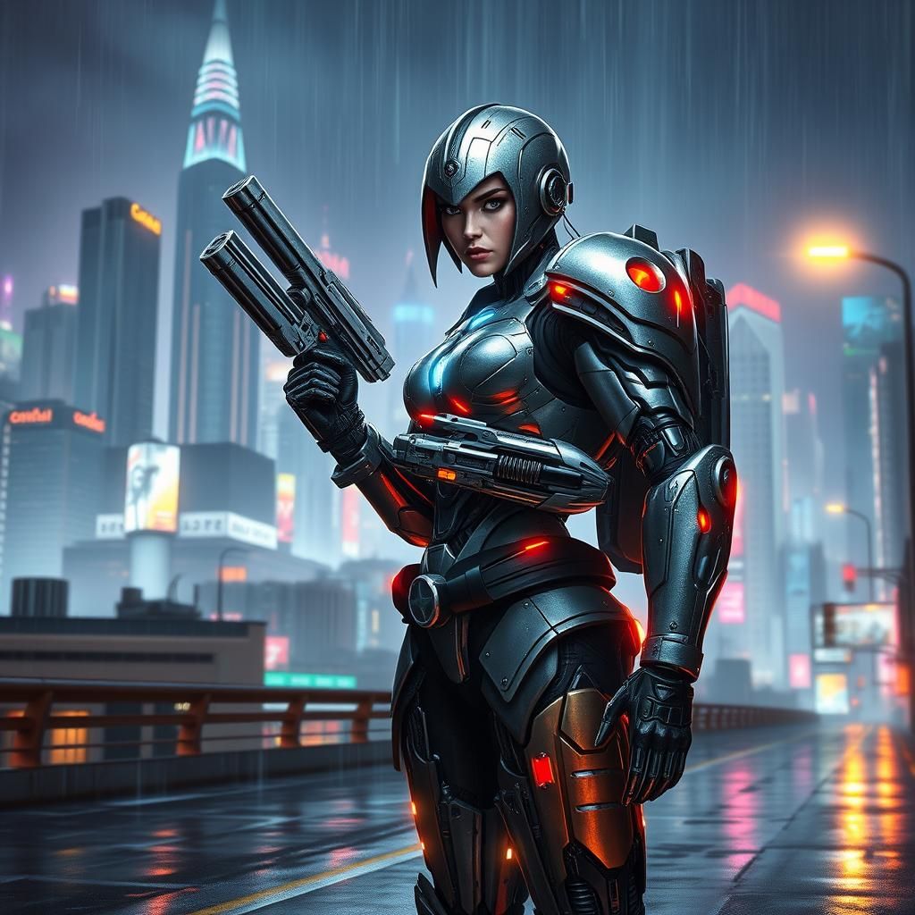 Cyborg Soldier in Dystopian Metropolis