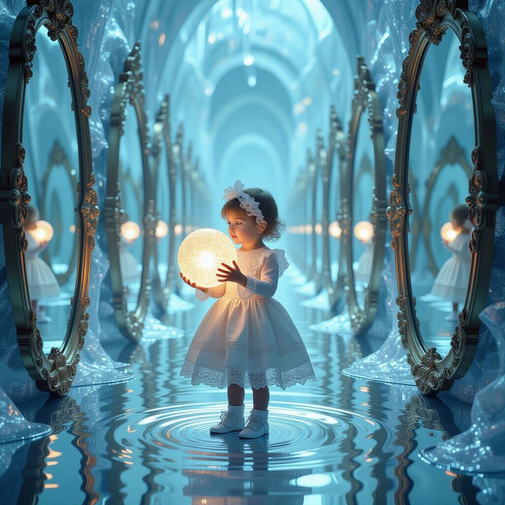Infinite Reflections: Child with Orb in Mirror Labyrinth