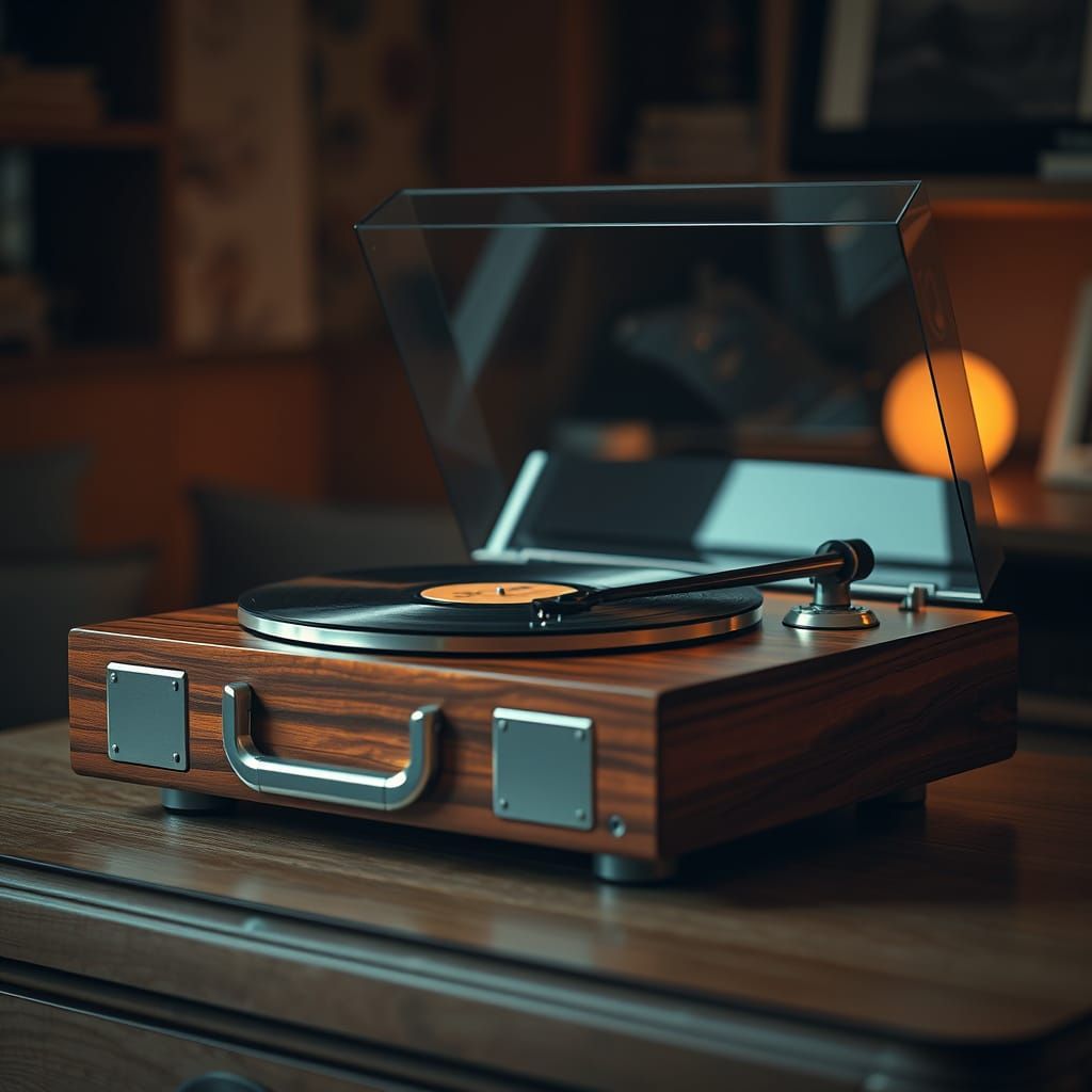 Vintage-Inspired Record Player in Warm Wood Tone and Metalli...