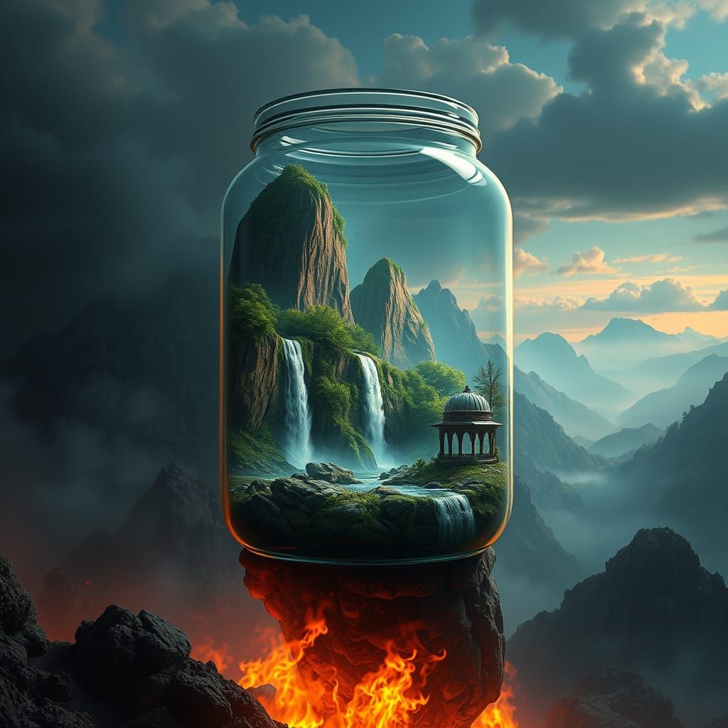 Miniature Landscape in Glass Jar on Burning Planet