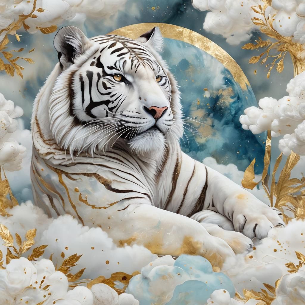 Majestic White Tiger on Clouds, Ink Splatter Art