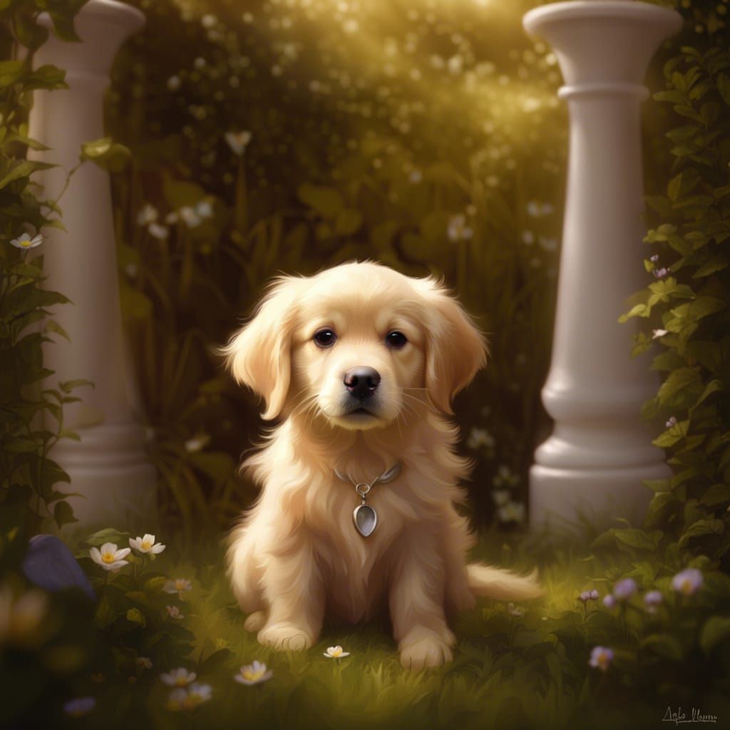 Adorable Golden Retriever Puppy in Detailed Garden Scene