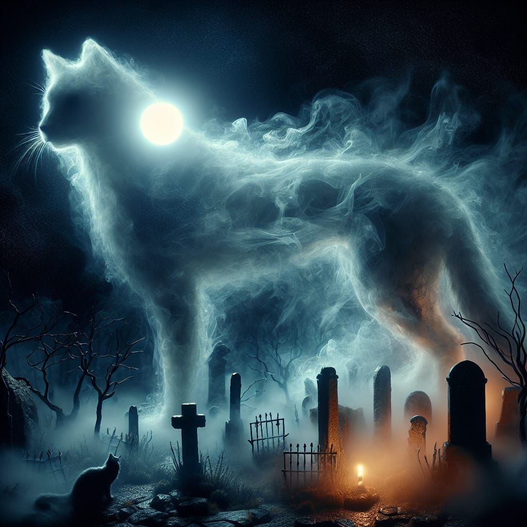 Ethereal Ghost Cat in Ruined Graveyard