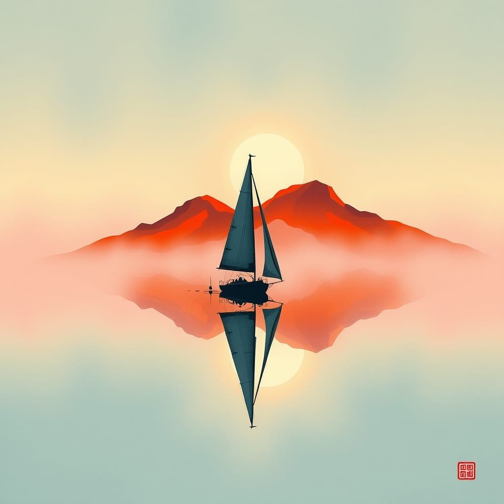 Sailboat on Misty Lake: Sumi-e Style Sunset