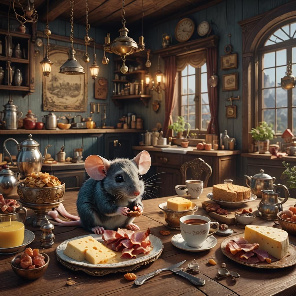 Mouse Breakfast in Victorian Kitchen: Detailed Matte Paintin...