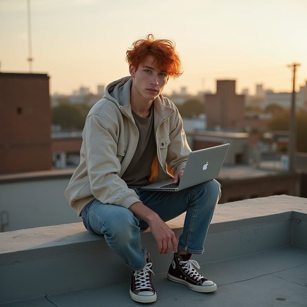 Rooftop Redhead: Hyperrealistic Photo of a Young Man