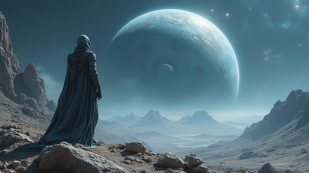 Cosmic Figure Gazing at Ringed Gas Giant