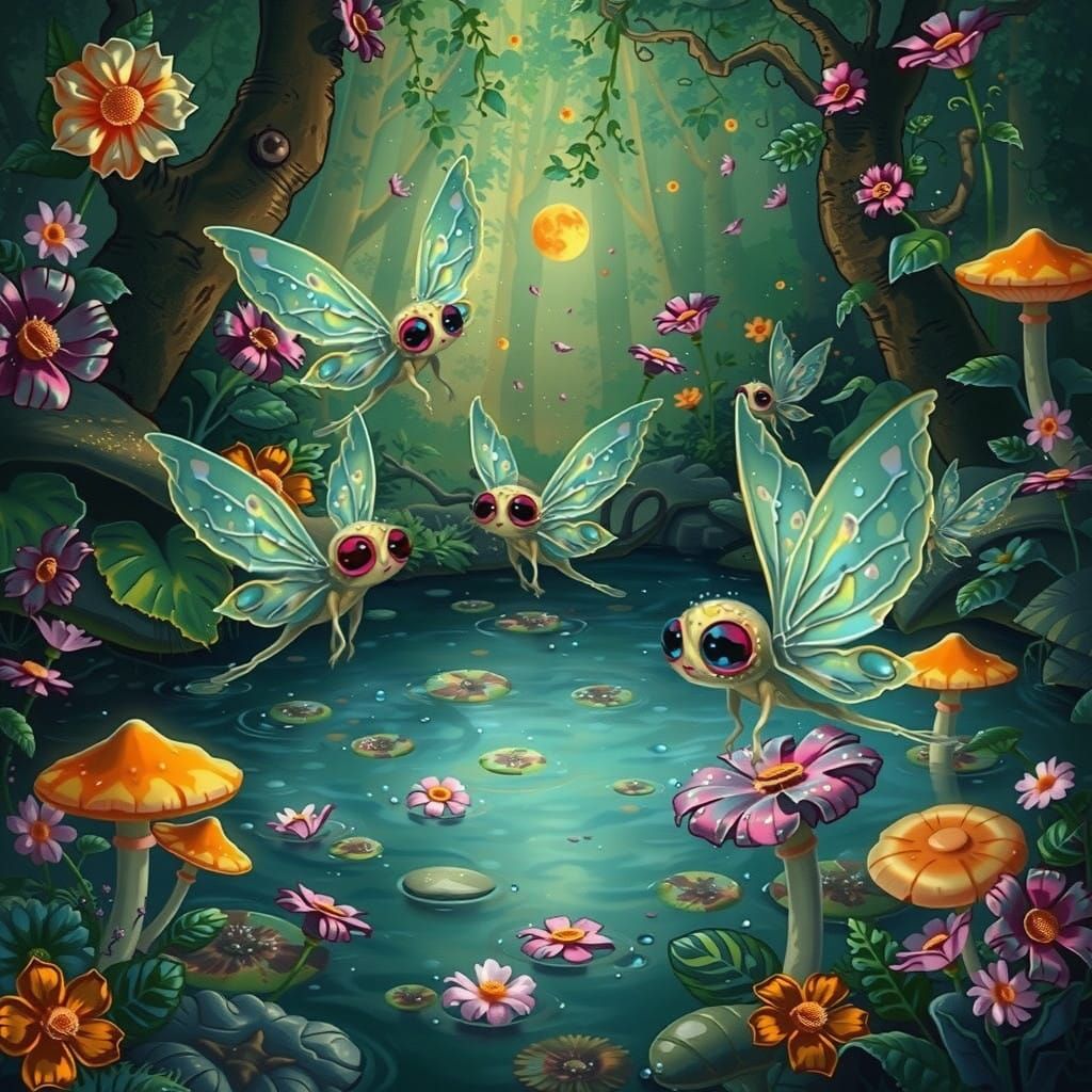 Whimsical Water Sprites Dance in Vibrant Forest Pond