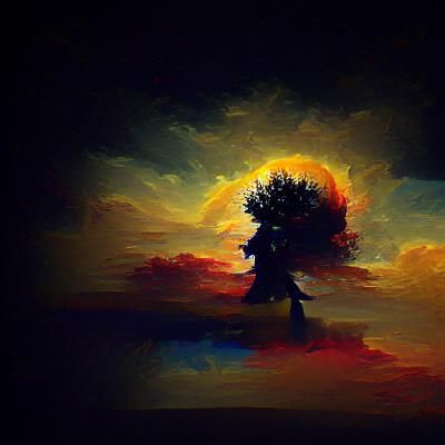 Silhouette Tree Against Sunset in Oil Painting Style