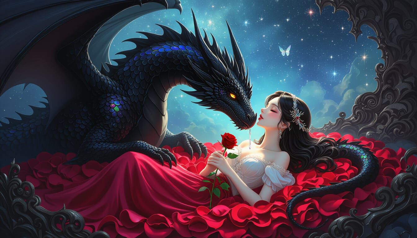 Black Dragon Kisses Sleeping Maiden Amidst Roses