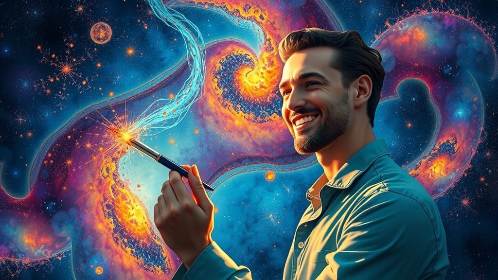 Celestial Artist Painting Cosmos in Dreamlike Style