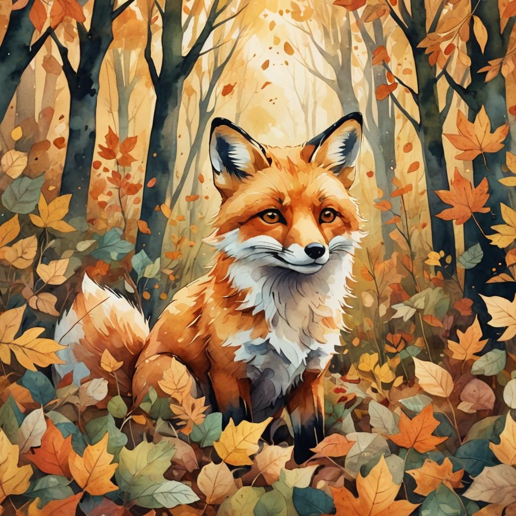 Whimsical Fox in Autumn Forest Illustration