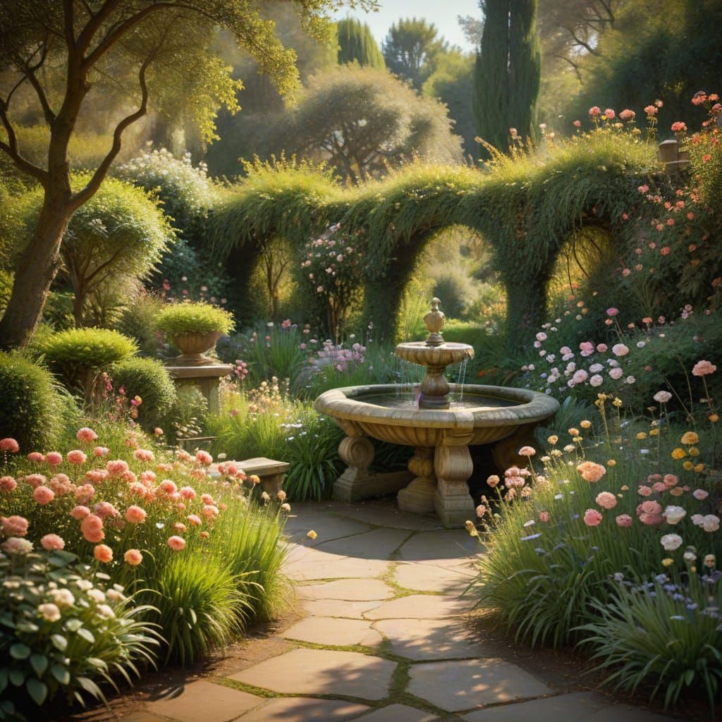 Impressionist Garden Scene with Mossy Fountain