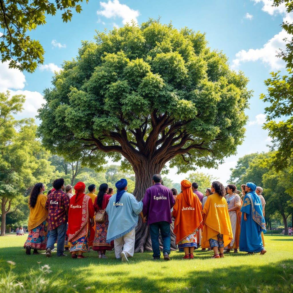 Harmonious Multicultural Gathering Under a Lush Tree