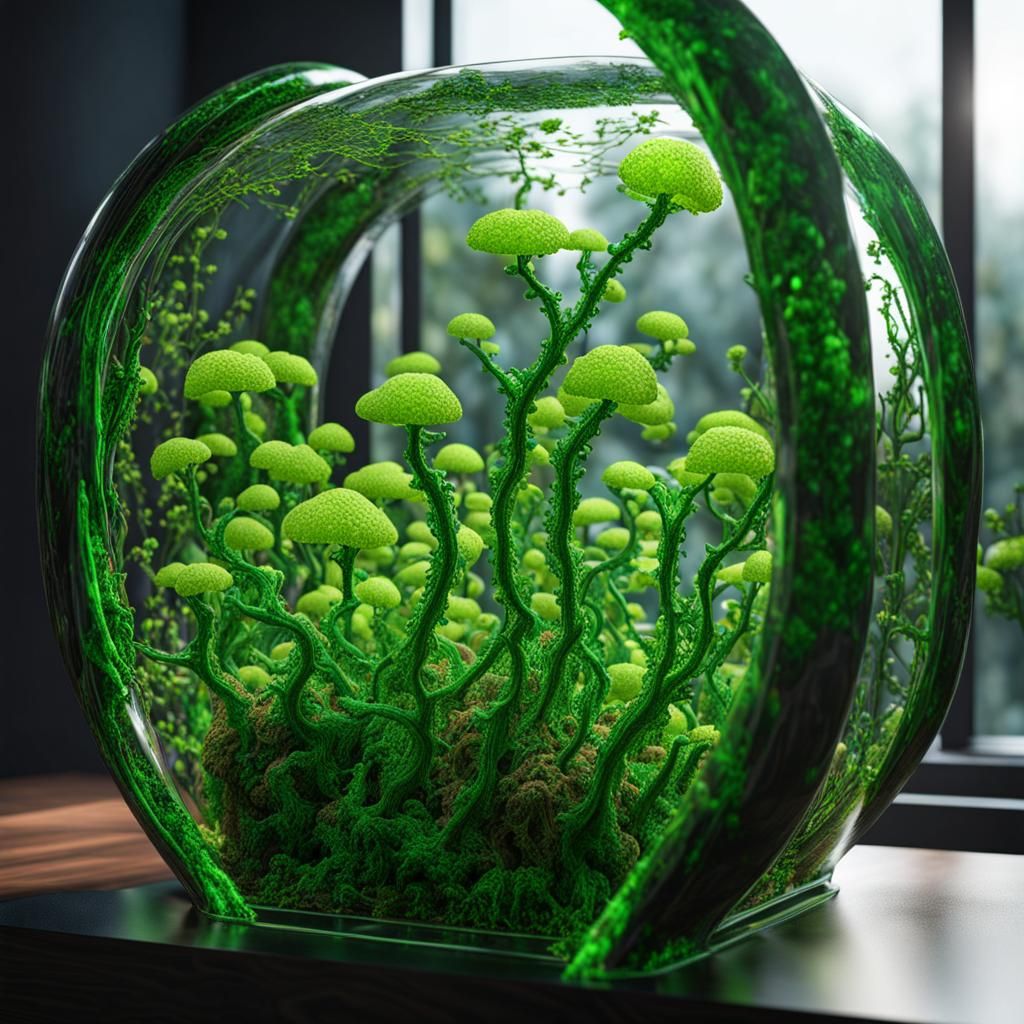 Vivid Green Slime Mold in Glass Tubes, Impasto Style