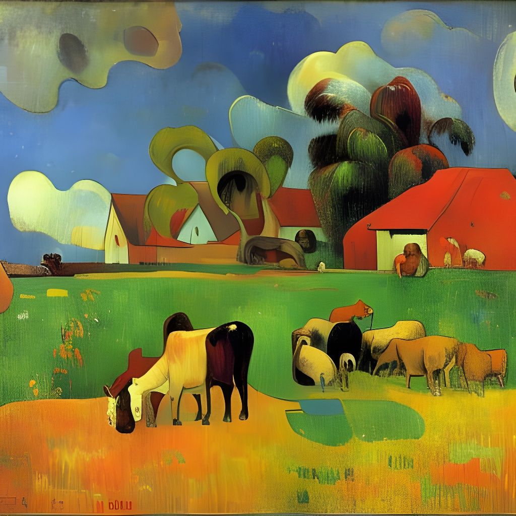 Farmhouse Scene with Animals, Gauguin Style