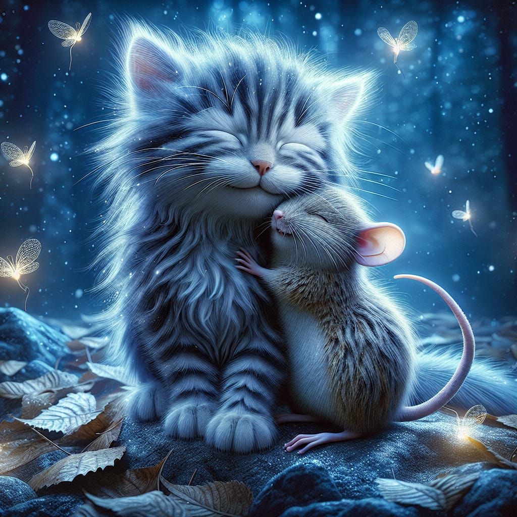 Kitten and Mouse Embrace in Hyper-Realistic Digital Art