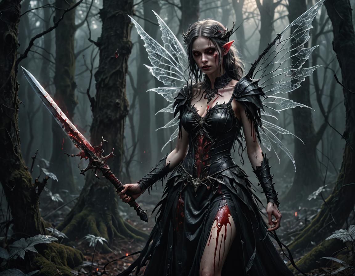 Gothic Fairy with Bloodied Sword in Dark Forest