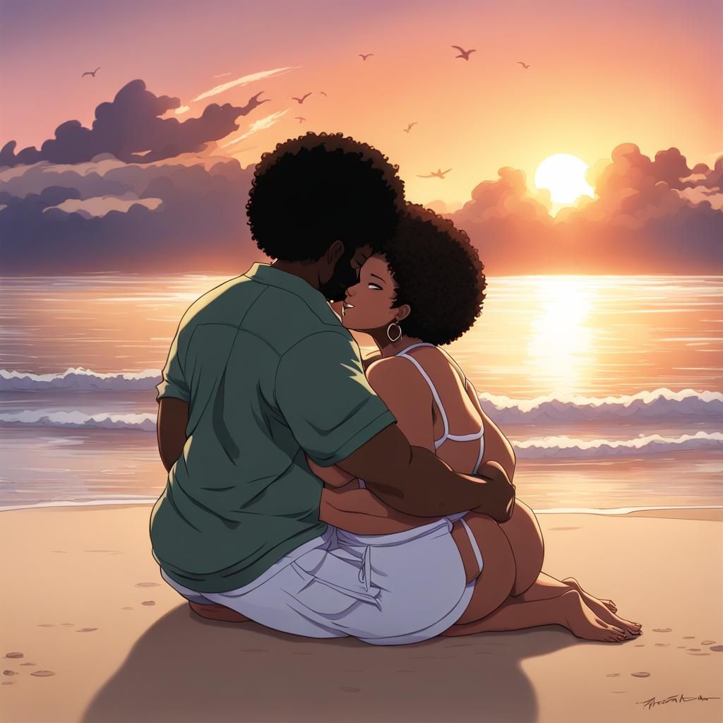 Romantic Anime Sunset: Black Couple Cuddling on Beach