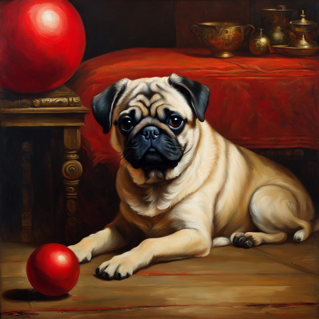 Golden Age Pug Plays with Red Ball in Warm Light