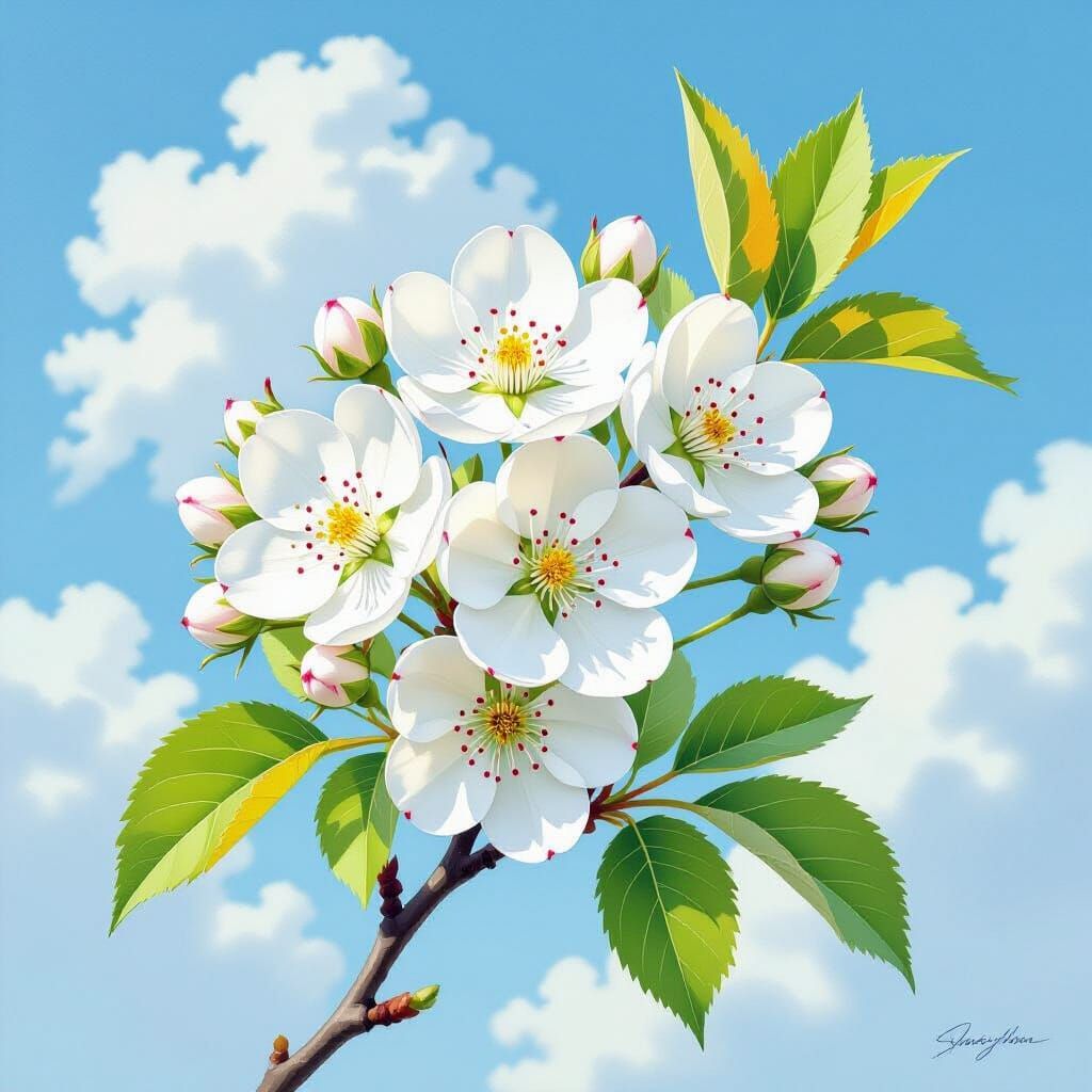 Hawthorn Blossom Watercolor in Naturalistic Style