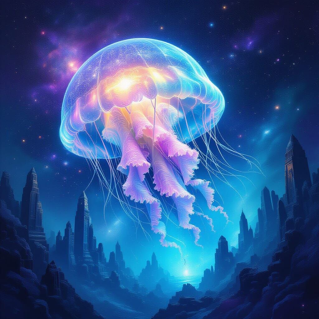 Bioluminescent Jellyfish Drifts Through Cosmic Nebula