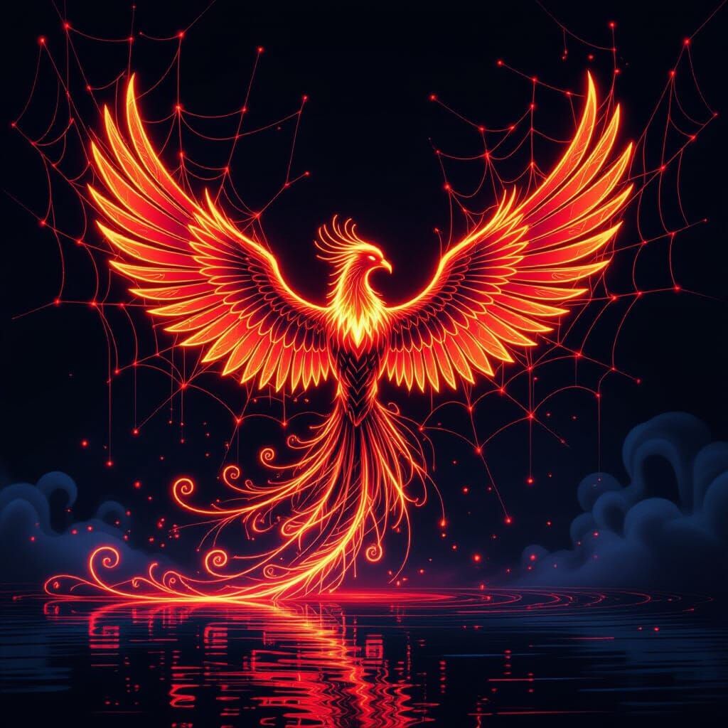 Cybernetic Phoenix of Neon Cobwebs Radiates Otherworldly Lig...