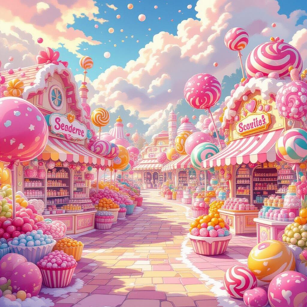 Vibrant Candy Landscape with Whimsical Characters