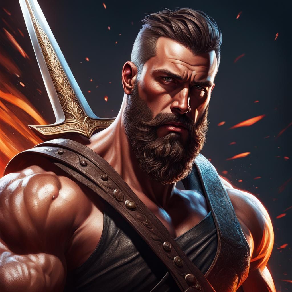 Hyperrealistic Bearded Warrior with Sword in Splash Art