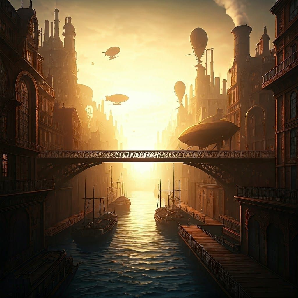 Steampunk Metropolis at Dawn in Golden Light