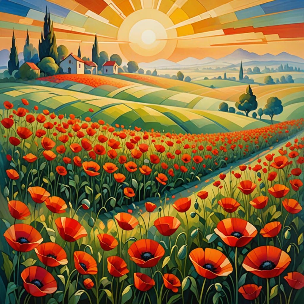 Cubist Poppies at Sunrise in Golden Light