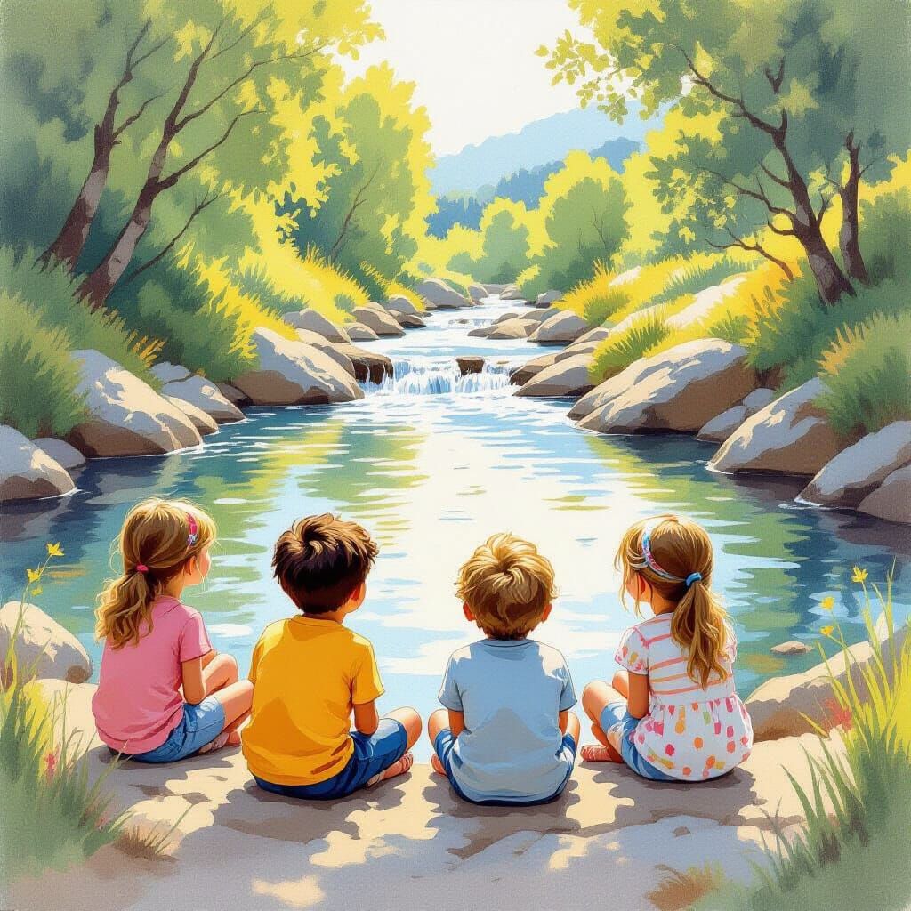 Children Listening to River, Whimsical Illustration