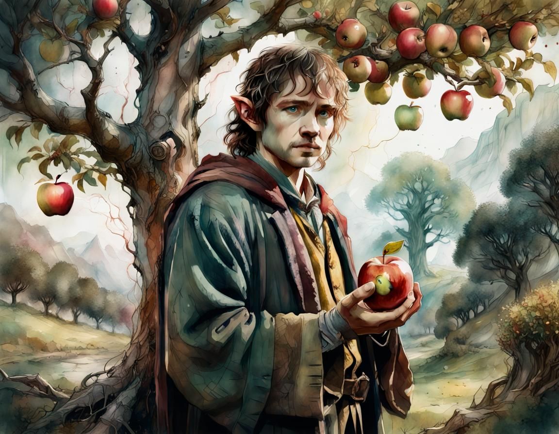 Hobbit with Apple Tree in Middle Earth Watercolor