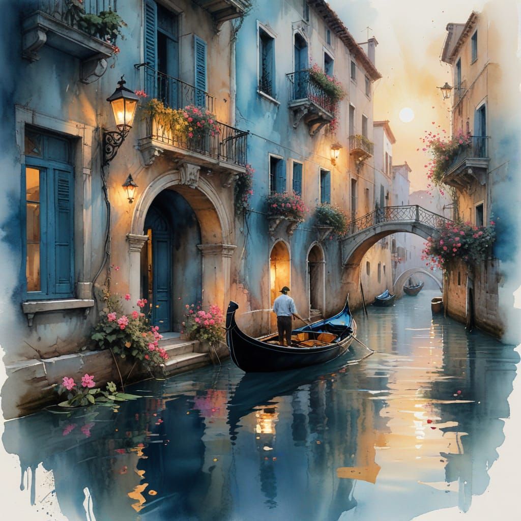 Venetian Canal at Twilight in Impressionistic Style